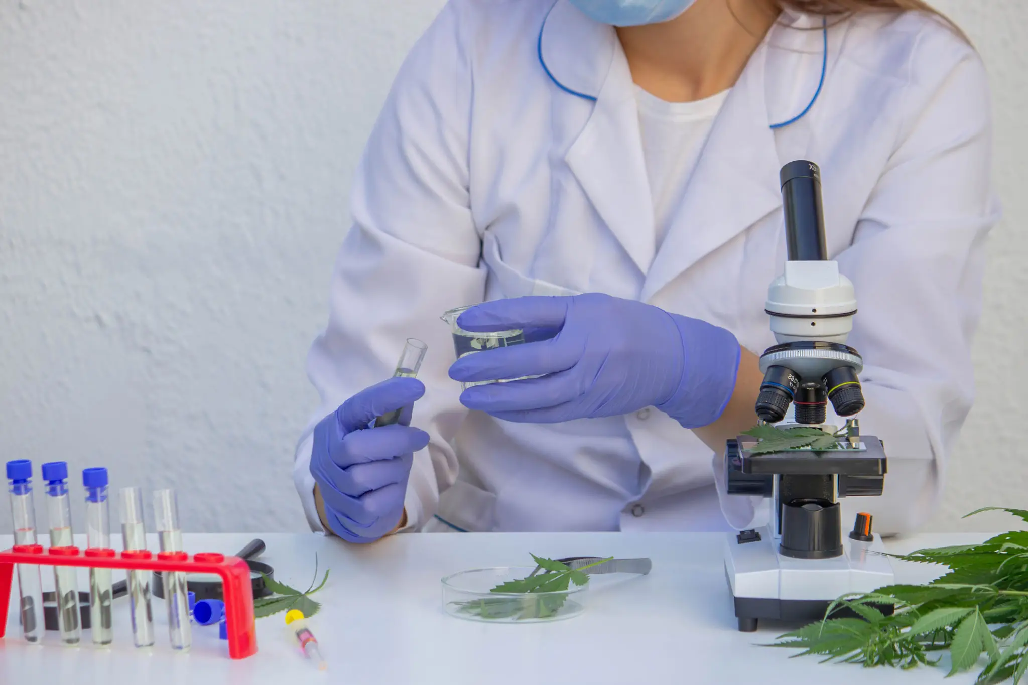 Botanist in protective gear analyzing specimens